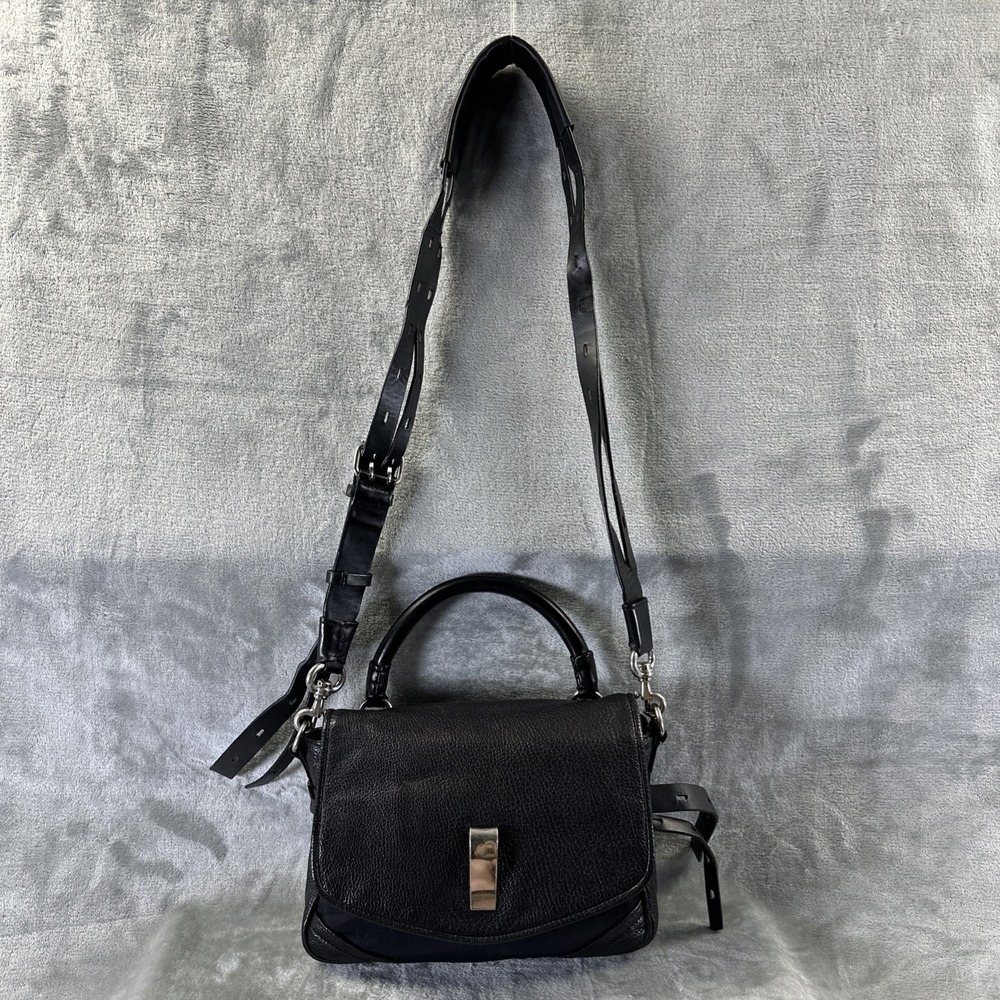 Joy Gryson Shoulder Bag Purse Black Leather Nylon Belted Detail
